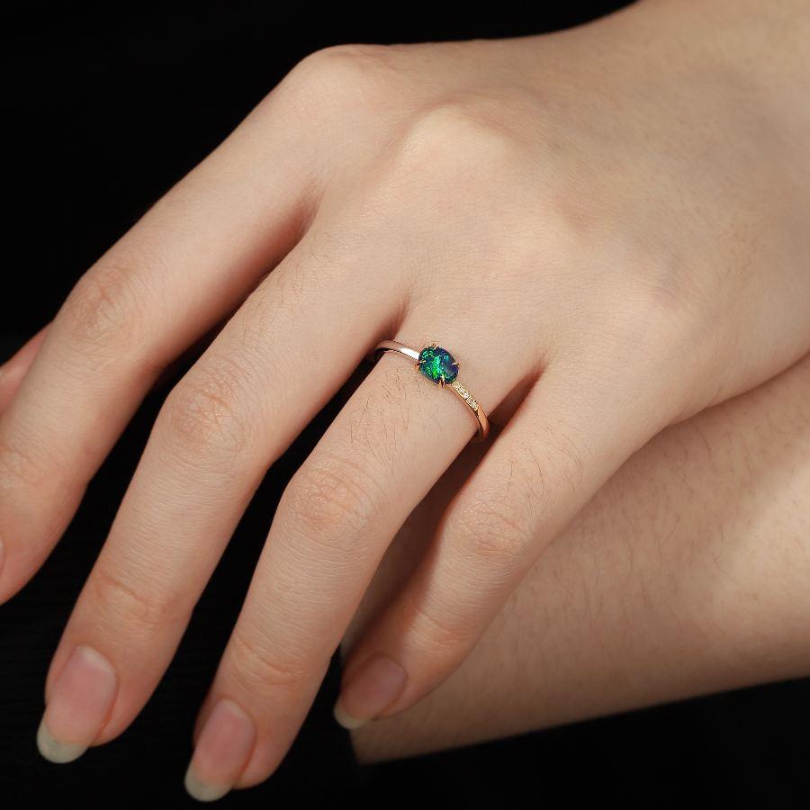 Women's 18K Two-Tone Gold Black Opal Diamond Wedding Band Engagement Ring For Sale