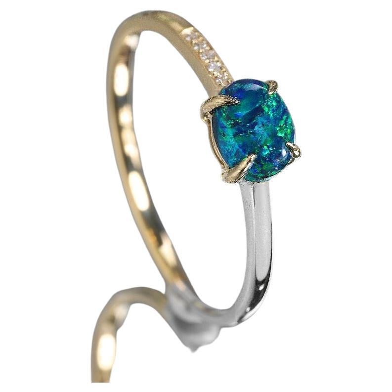 18K Two-Tone Gold Black Opal Diamond Wedding Band Engagement Ring