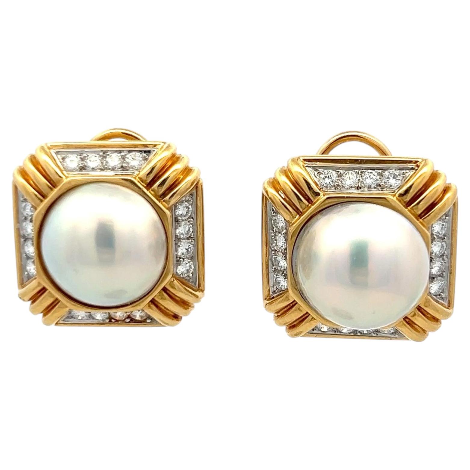 Clip-Ohrringe aus 18-karätigem Bicolor-Gold mit runden Diamanten (0,96 Karat, H VS) und 14-mm-Perlen