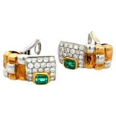 18K Two-Tone Gold Clip-On Earrings with 1.15 Carat Diamonds & 0.9 Carat Emerald