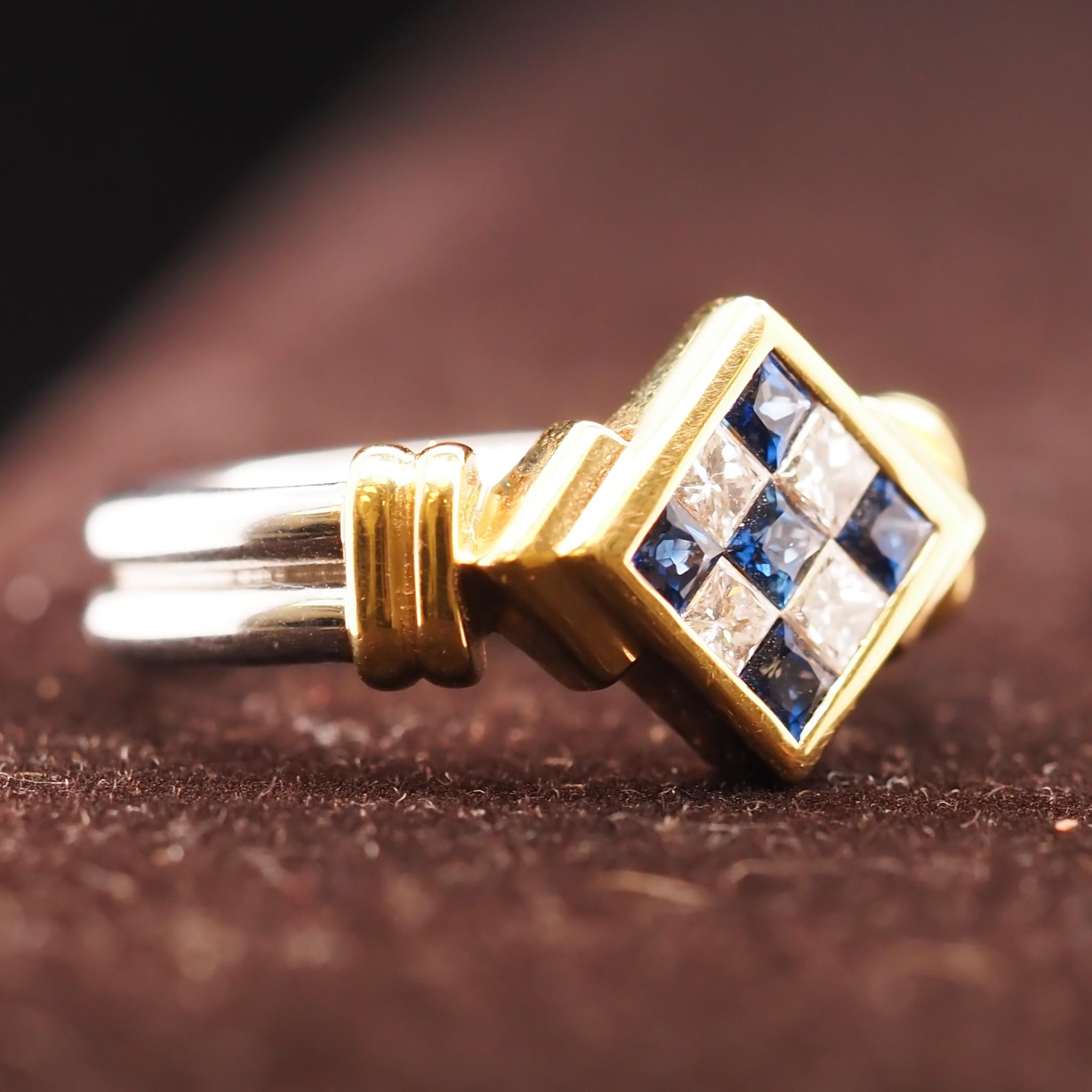 Contemporary 18K Two Tone Gold Diamond and Sapphire Checkerboard Ring For Sale