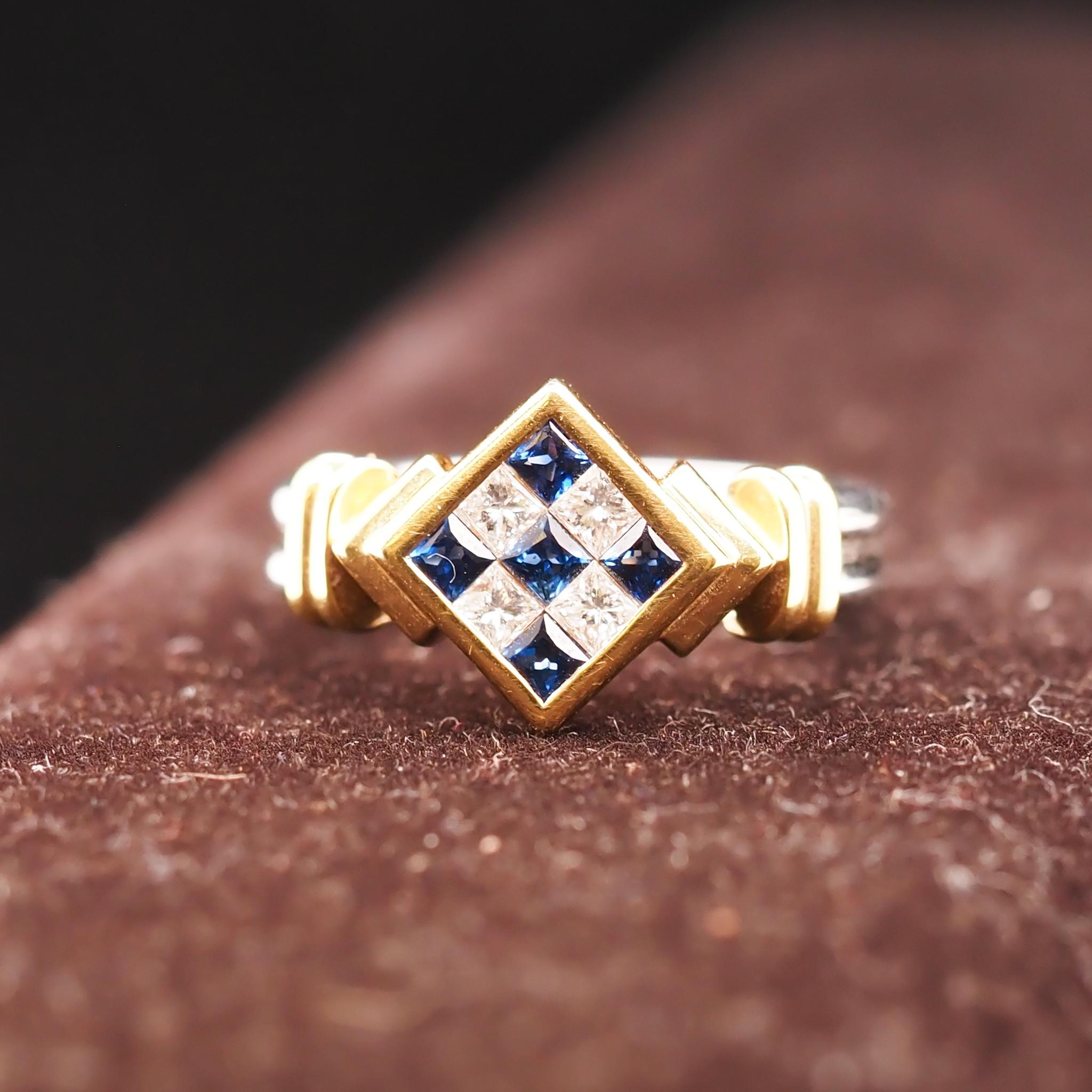 Women's or Men's 18K Two Tone Gold Diamond and Sapphire Checkerboard Ring For Sale