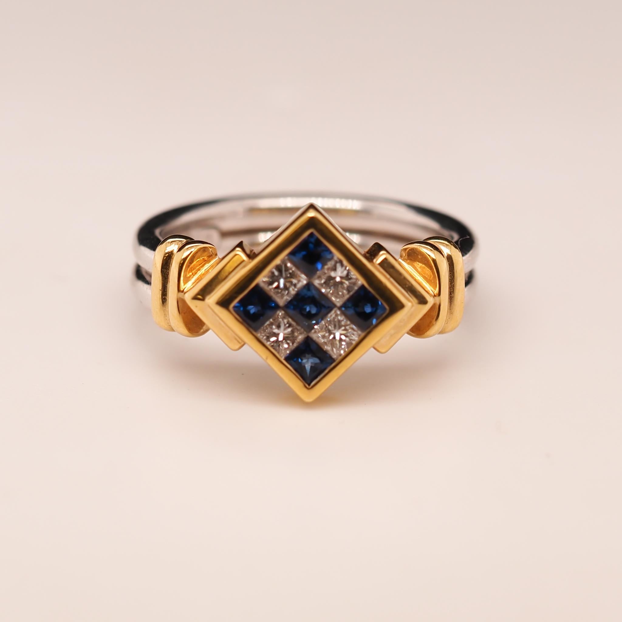 18K Two Tone Gold Diamond and Sapphire Checkerboard Ring For Sale 1