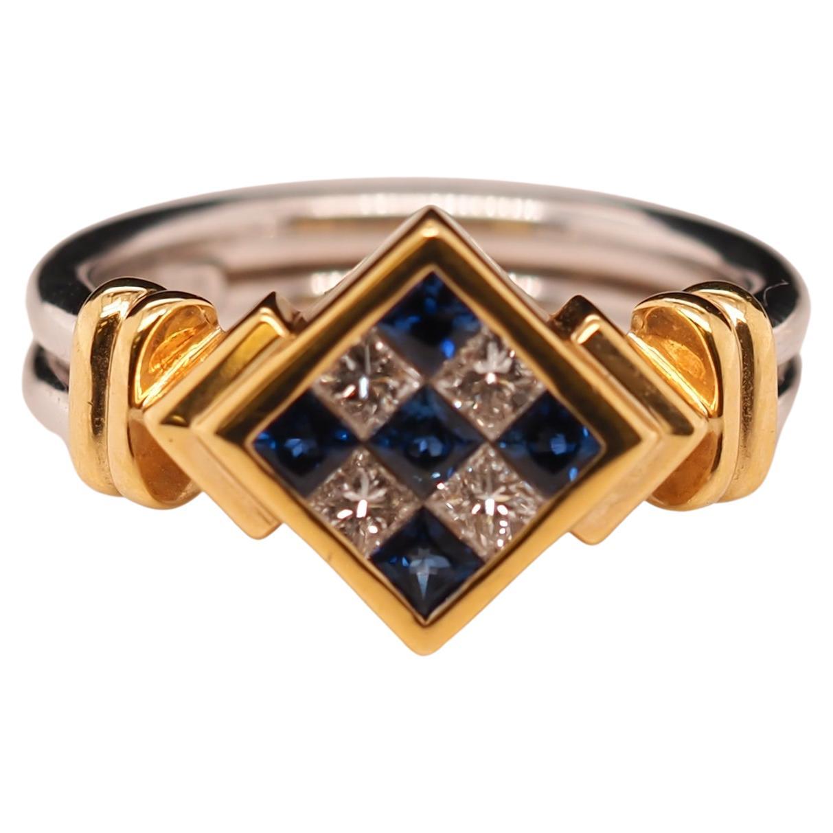 18K Two Tone Gold Diamond and Sapphire Checkerboard Ring