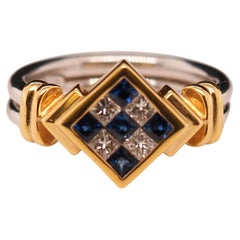 18K Two Tone Gold Diamond and Sapphire Checkerboard Ring