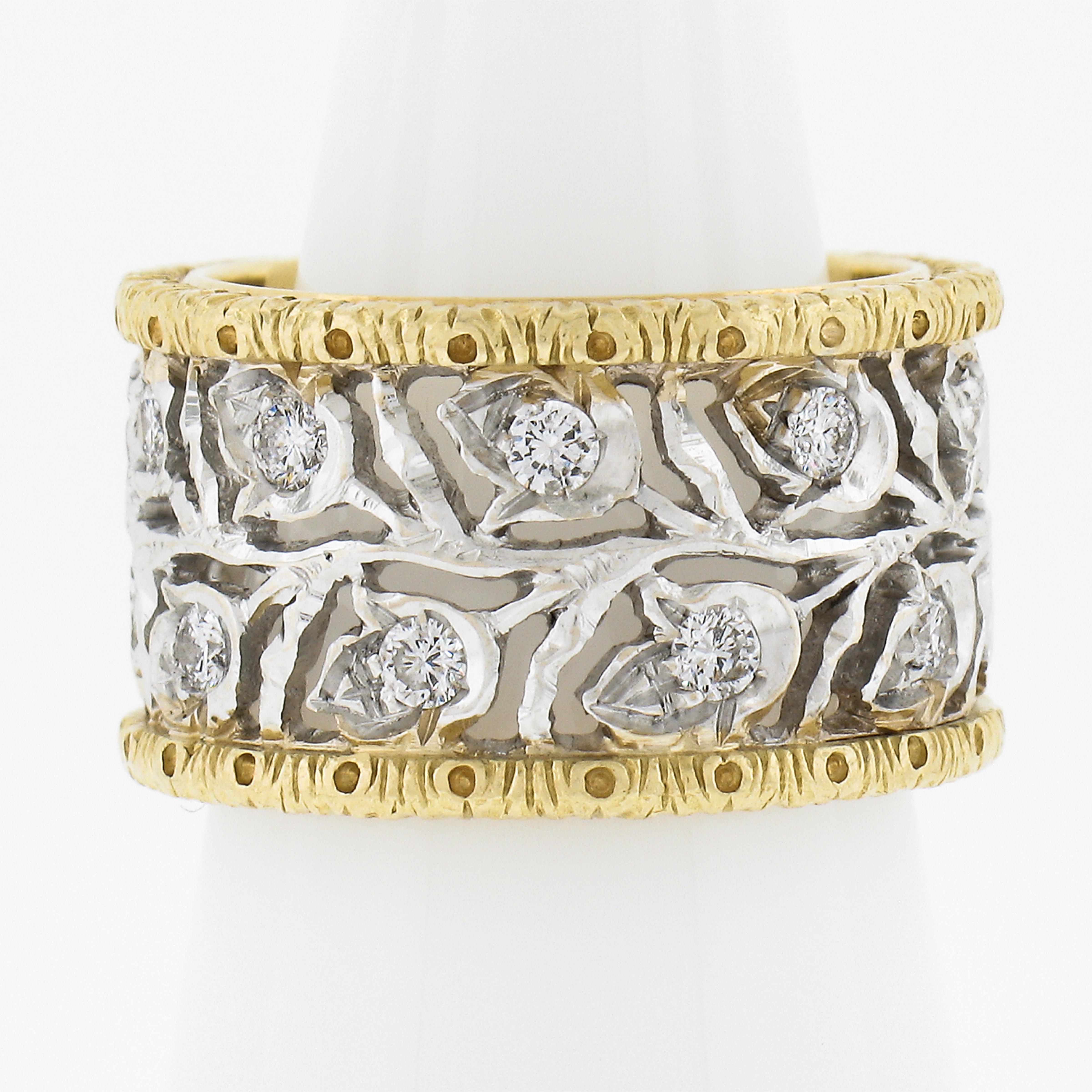 –Stone(s)–
(18) Natural Genuine Diamonds - Round Brilliant Cut - Pave Set - G/H Color - VS1/VS2 w/ Few SI1 Clarity - 0.54ctw (approx.)

Material: Solid 18k Yellow & White Gold
Weight: 9.68 Grams
Ring Size: 5.5 ( fitted on finger, item can NOT be