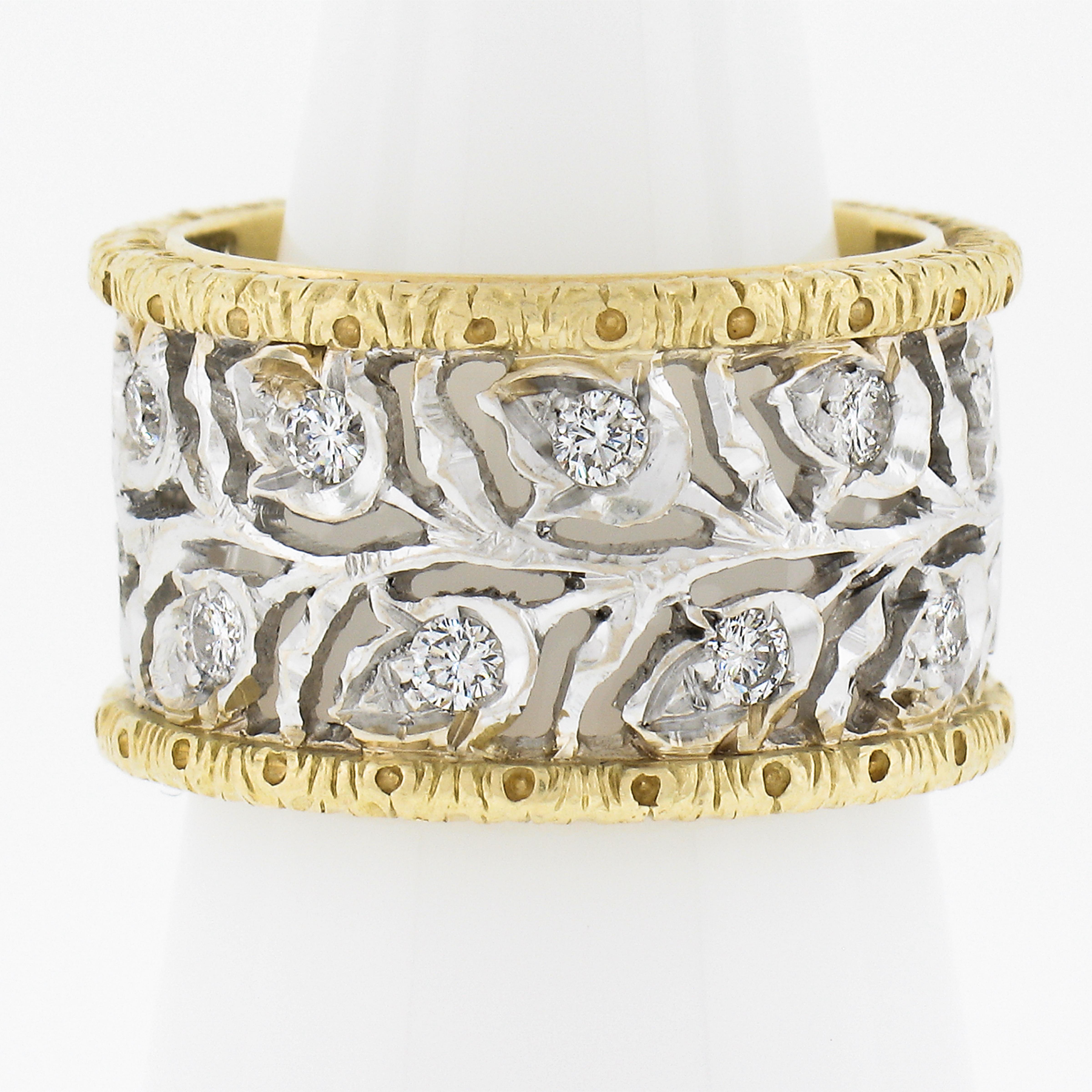 Round Cut 18k Two Tone Gold Diamond Engraved Floral Open Work Eternity Wide Band Ring