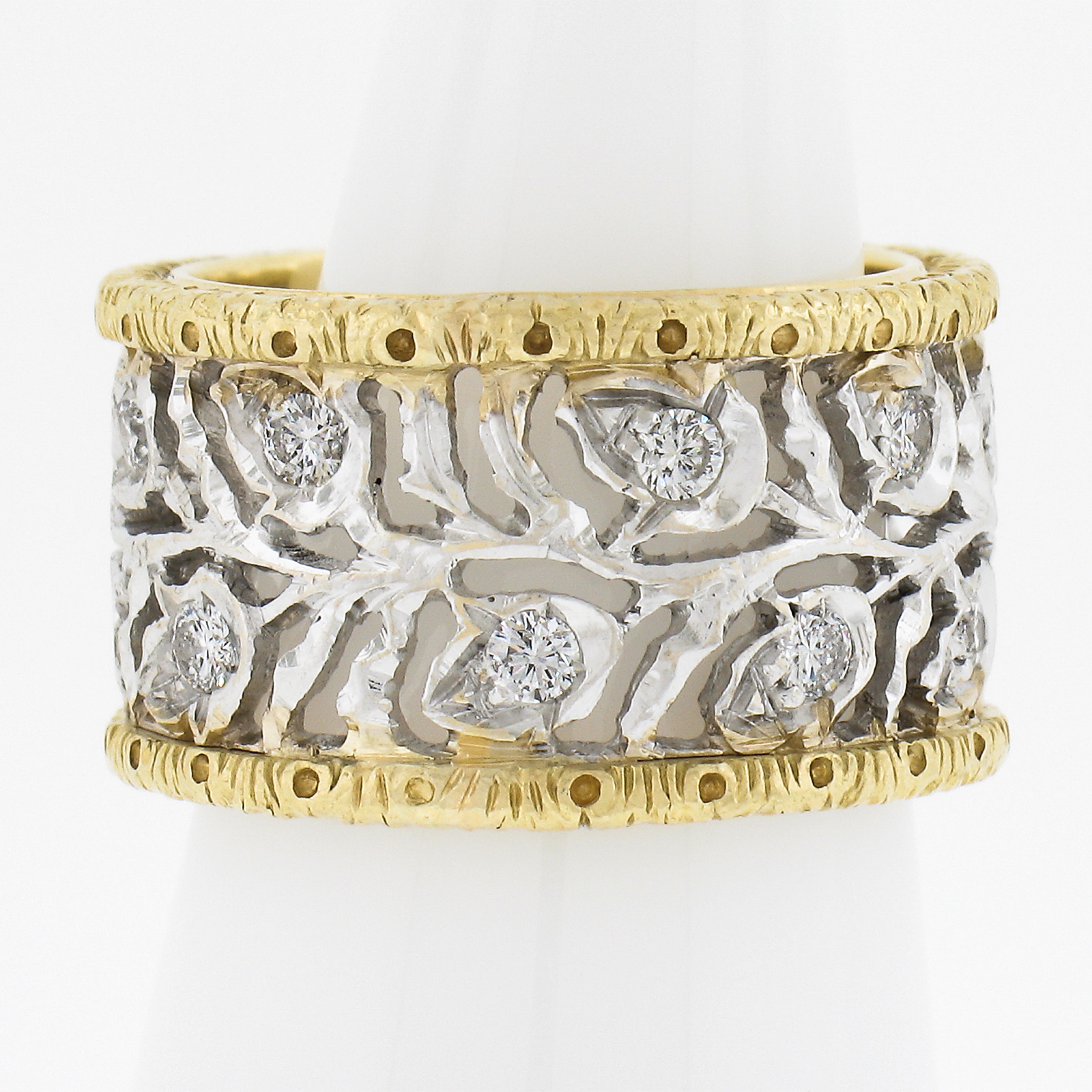 18k Two Tone Gold Diamond Engraved Floral Open Work Eternity Wide Band Ring In Excellent Condition In Montclair, NJ