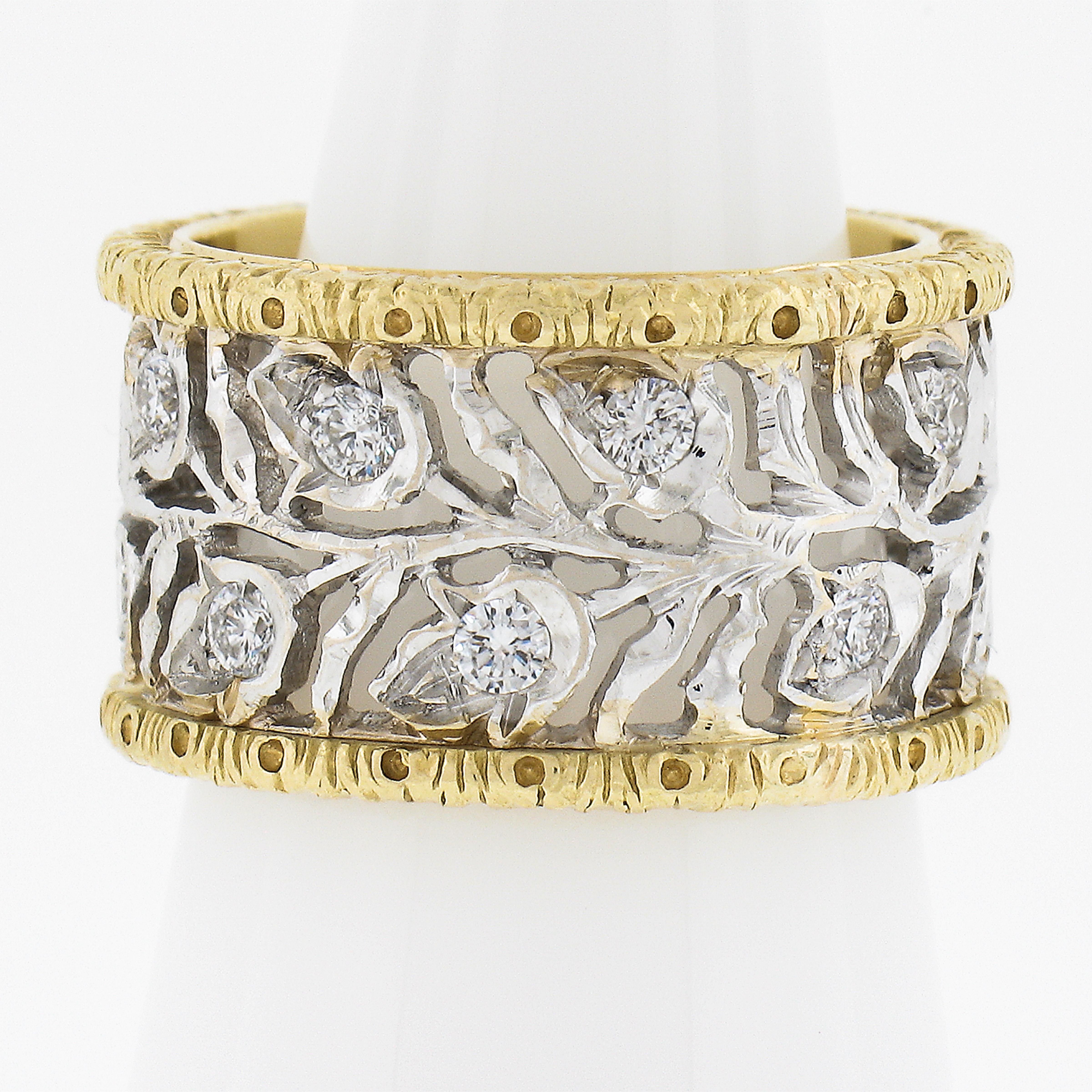 Women's 18k Two Tone Gold Diamond Engraved Floral Open Work Eternity Wide Band Ring