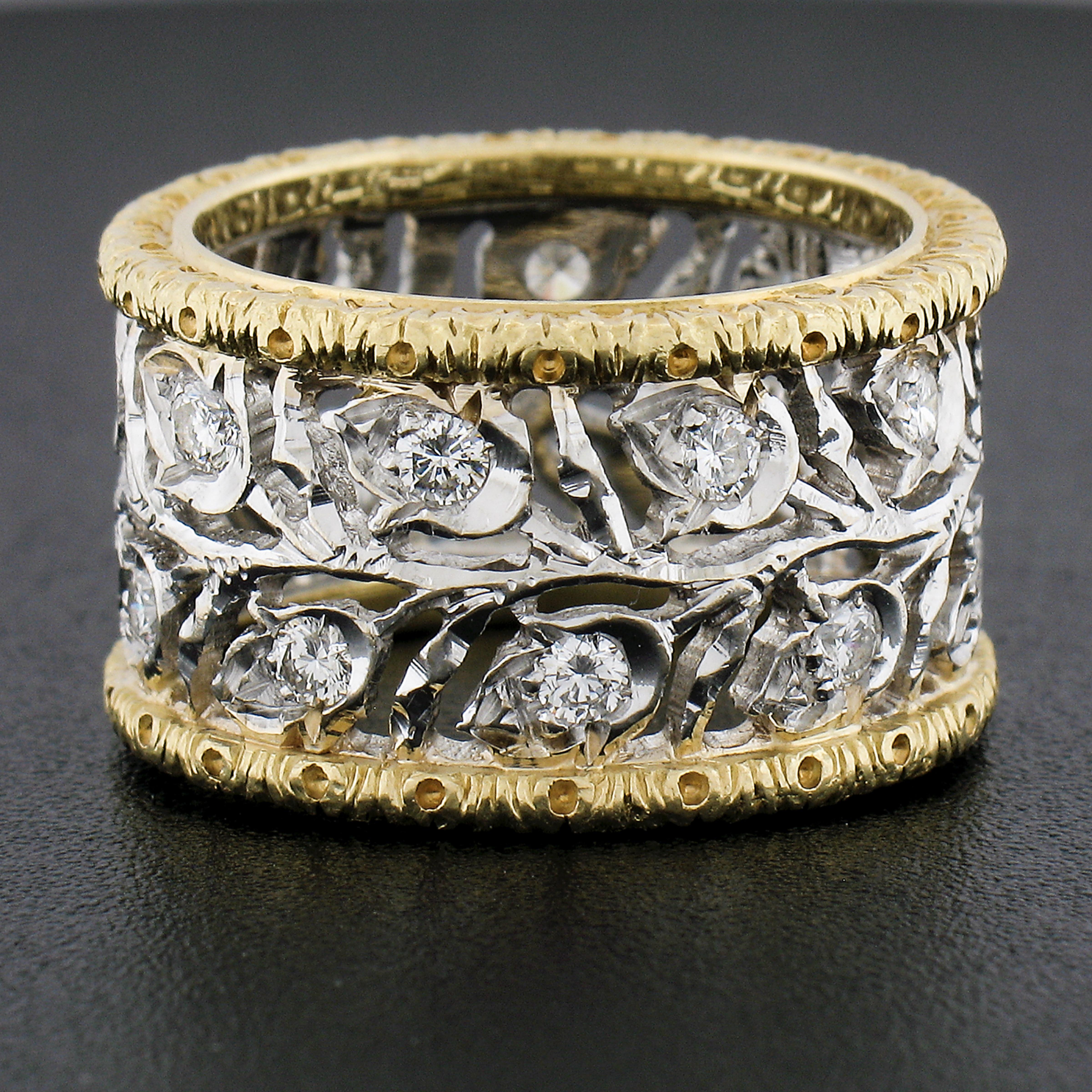 18k Two Tone Gold Diamond Engraved Floral Open Work Eternity Wide Band Ring 1