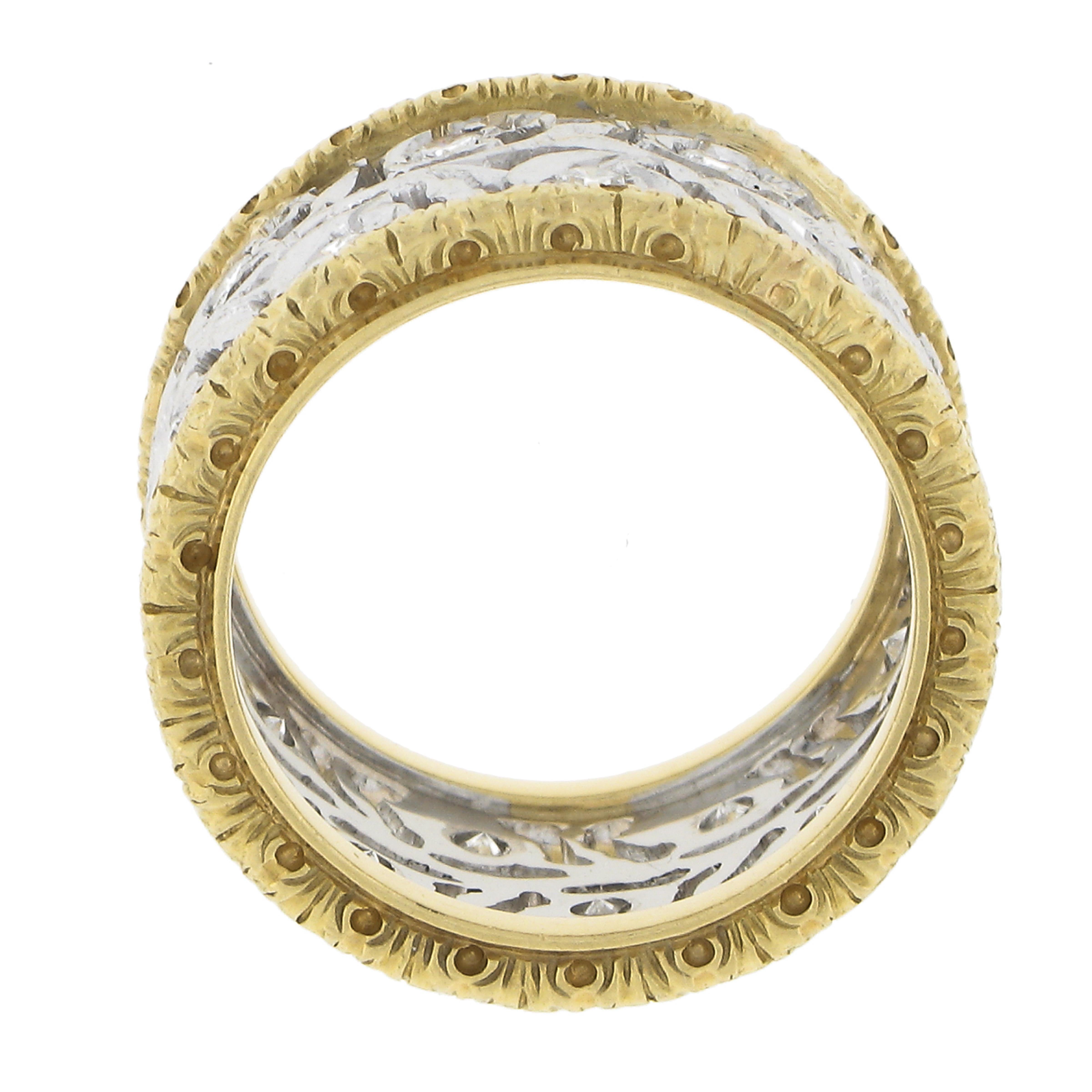 18k Two Tone Gold Diamond Engraved Floral Open Work Eternity Wide Band Ring 2
