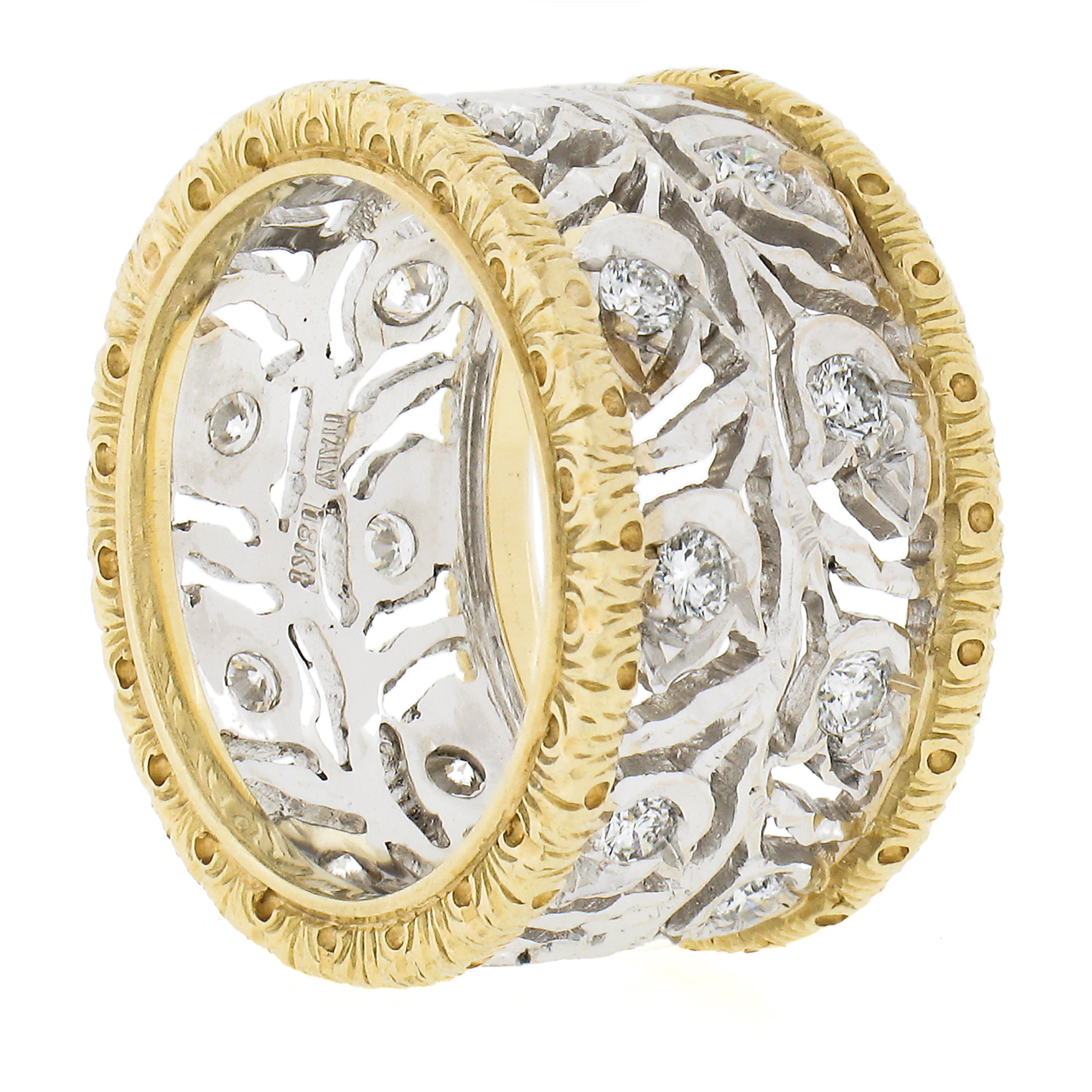 18k Two Tone Gold Diamond Engraved Floral Open Work Eternity Wide Band Ring 3