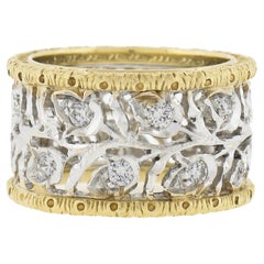 18k Two Tone Gold Diamond Engraved Floral Open Work Eternity Wide Band Ring