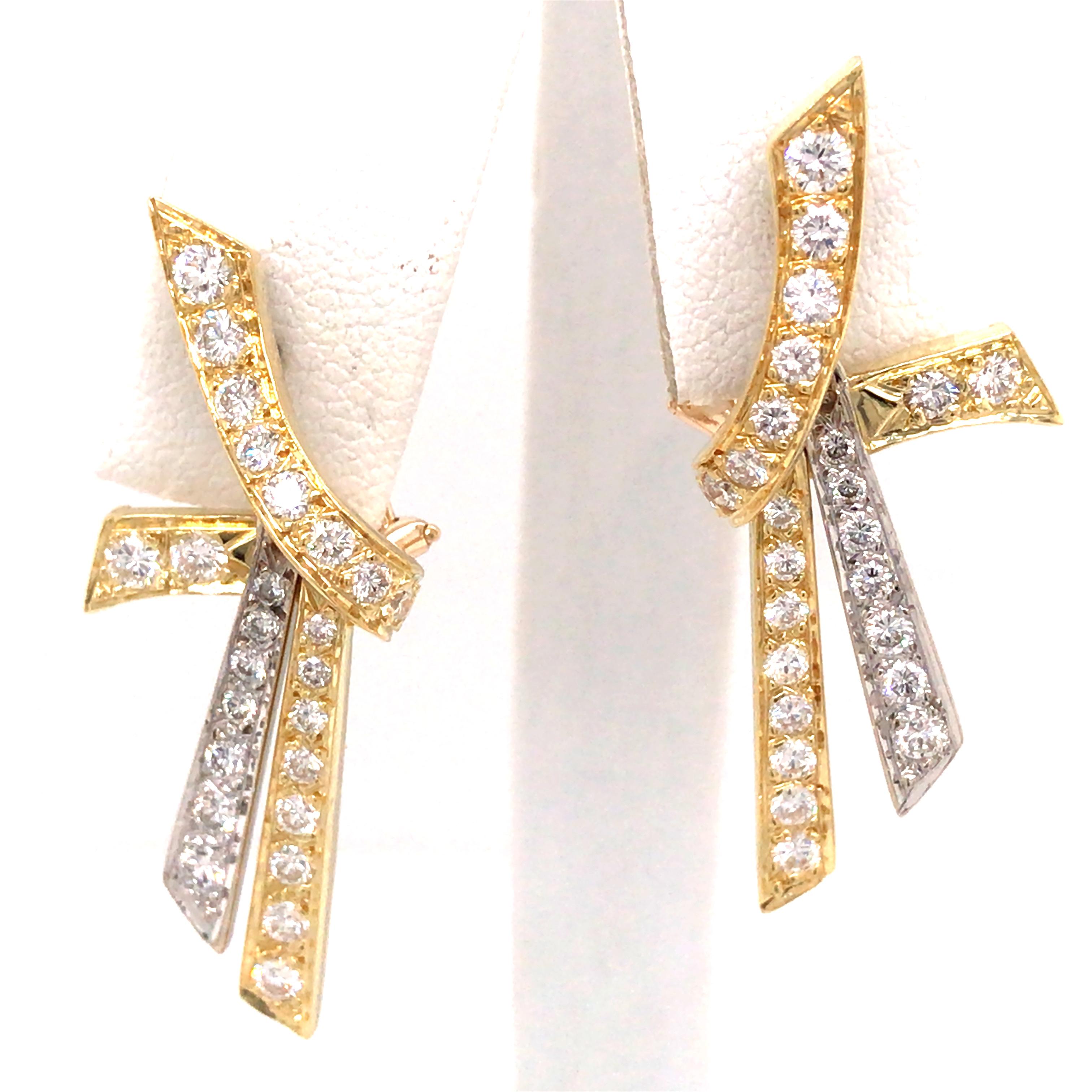 18K Two-Tone Gold Diamond Hanging Dangle Earrings.  Round Brilliant Cut Diamonds weighing 2.01 carat total weight G-H in color and VS in clarity are expertly set.  The Earrings measure 1 3/8 inch in length and 1/2 in width at the widest point. 