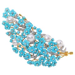 18k Two Tone Gold Diamond Pearl and Turquoise Floral Cluster Brooch