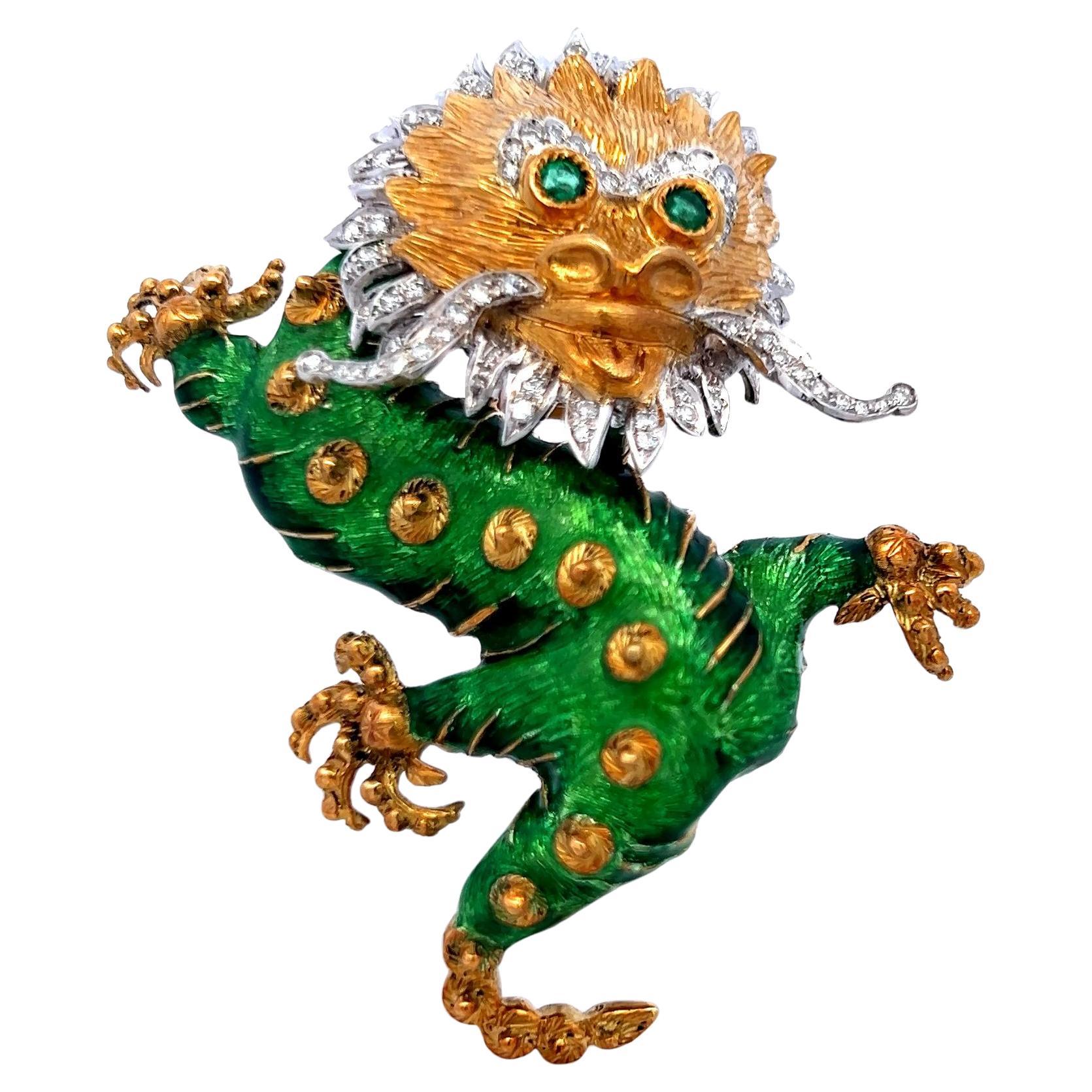 Spilla Drago in oro 18K bicolore con diamanti e occhi di smeraldo Vintage