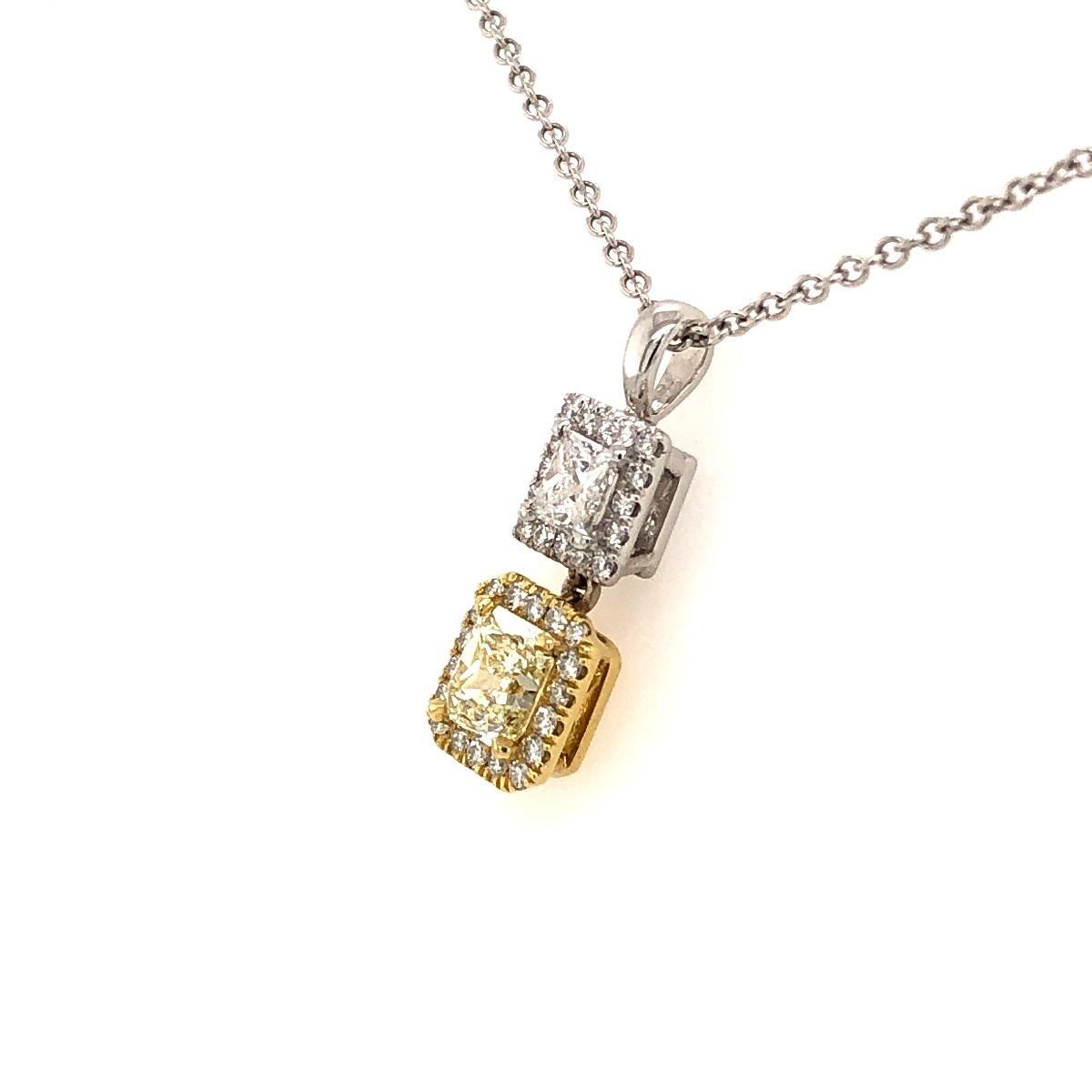 Style:  Fancy yellow and white diamond Pendant 

Metal type: 18kt white and yellow gold + chain

1 1.01ct fancy yellow diamond 

1.38ct white diamond  

Location Of Stone: None 

Has no GIA Certificate. GIA Number:  none