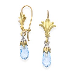 18k Two-Tone Gold Fleur-Di-Lis Blue Topaz Briolette Earrings
