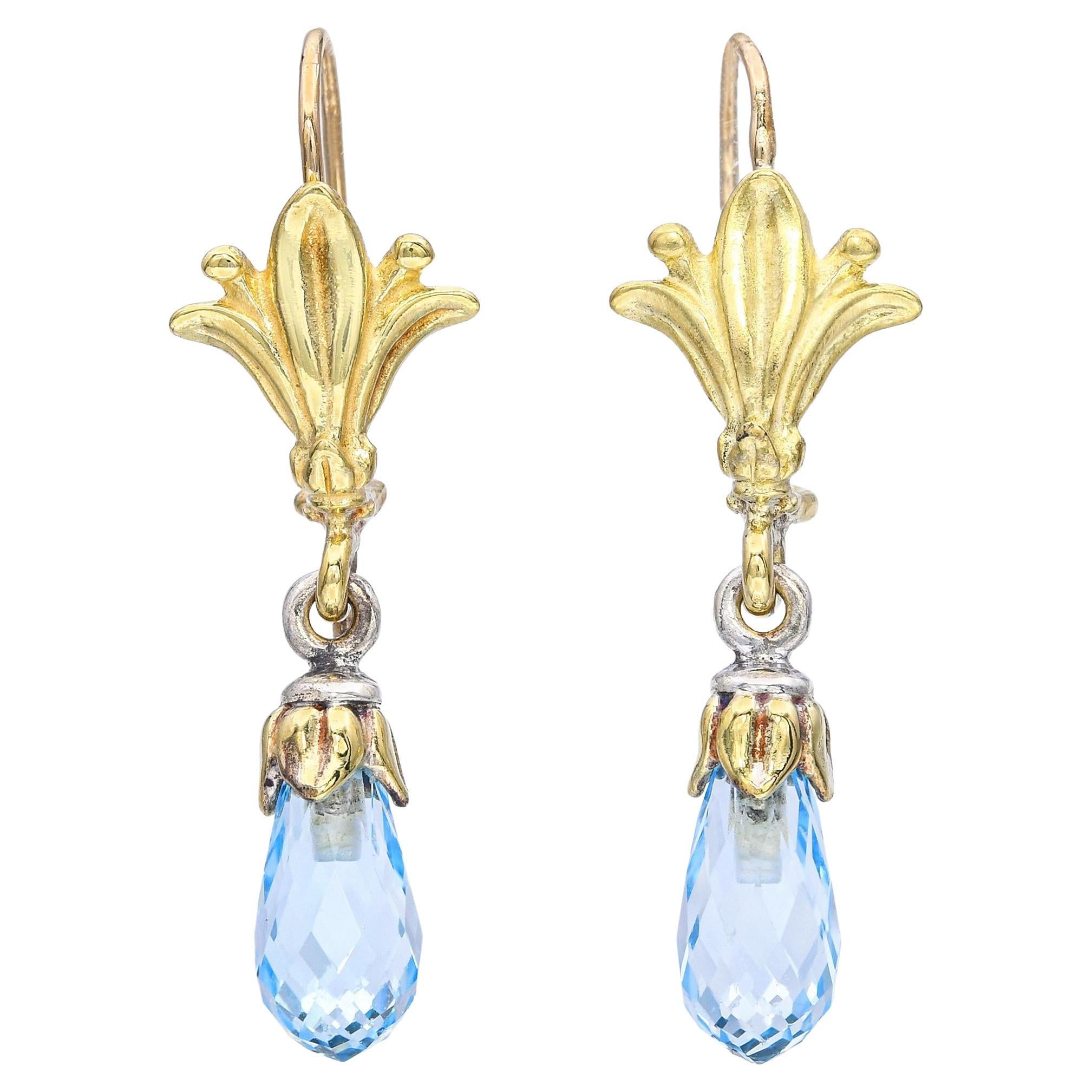 Pendientes Briolette de Topacio Azul Flor de Lis en Oro Bicolor de 18k en venta