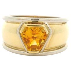 18k Two Tone Gold GIA Shield Step Cut Yellow Sapphire Wide Cigar Band Ring