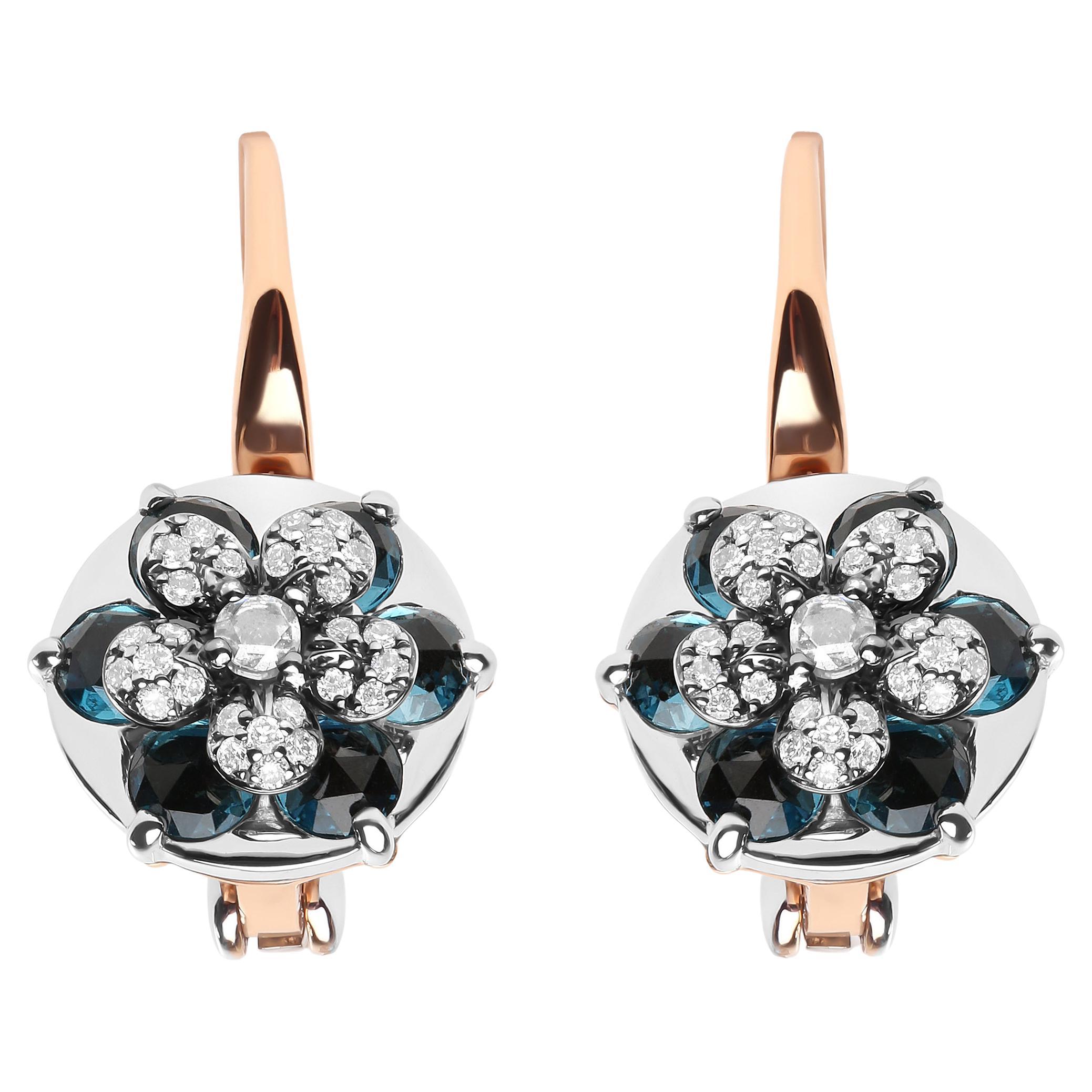 18K Two-Tone Gold Gold 1/3 Carat Diamond & Blue Topaz Gemstone Drop Hoop Earring For Sale