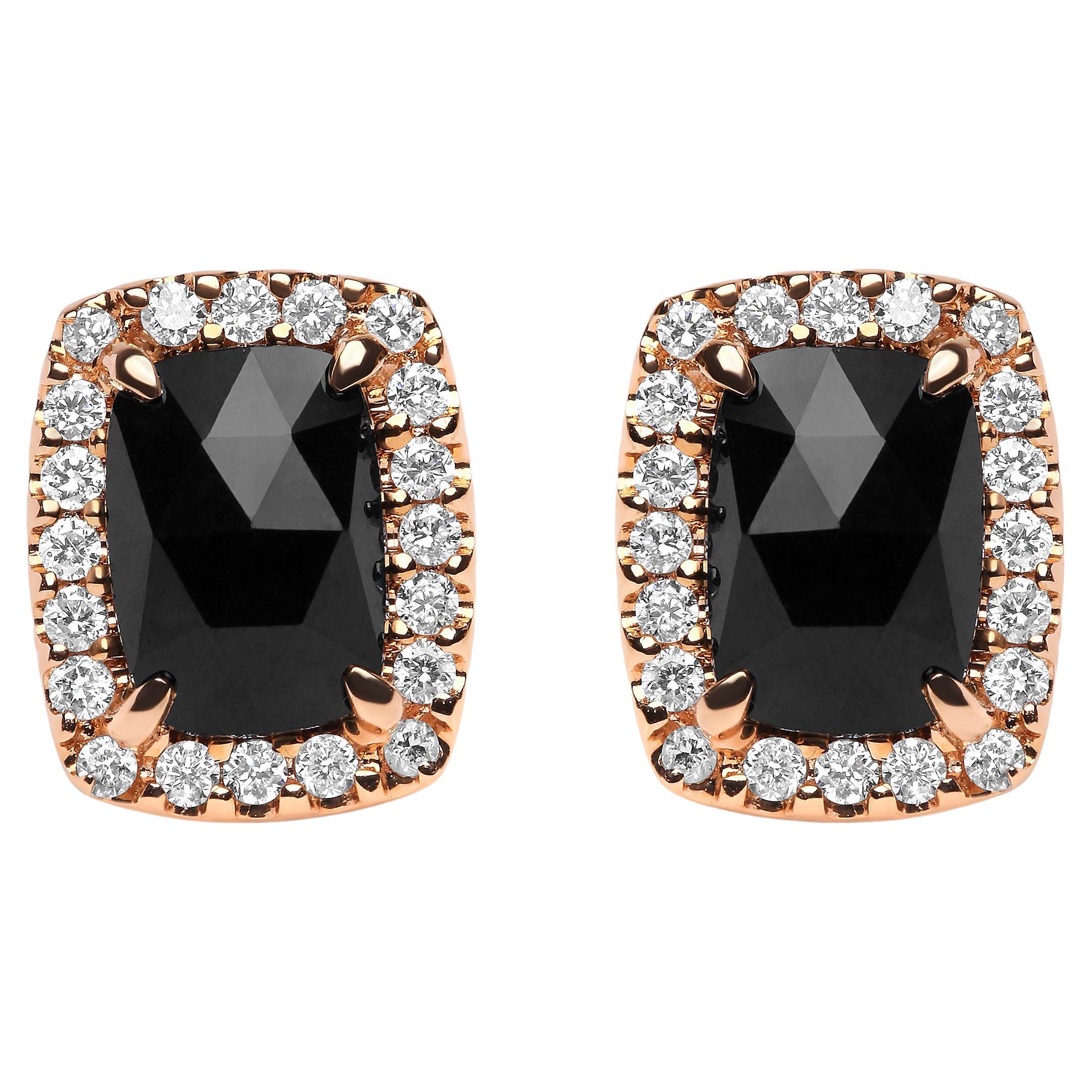 18K Two-Tone Gold Gold 1/4 Carat Diamond & Black Onyx Gemstone Halo Stud Earring For Sale
