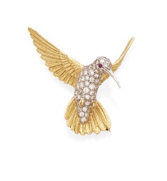 18k Two-Tone Gold Gorgeous Sculpted Hummingbird Brooch 1ct Diamond & Ruby Accent