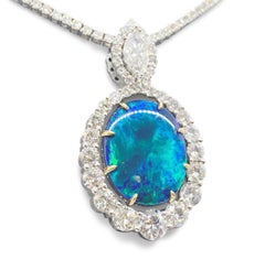 18K Two Tone Gold Halo Diamond GIA Certified 11 Carat Black Opal Necklace