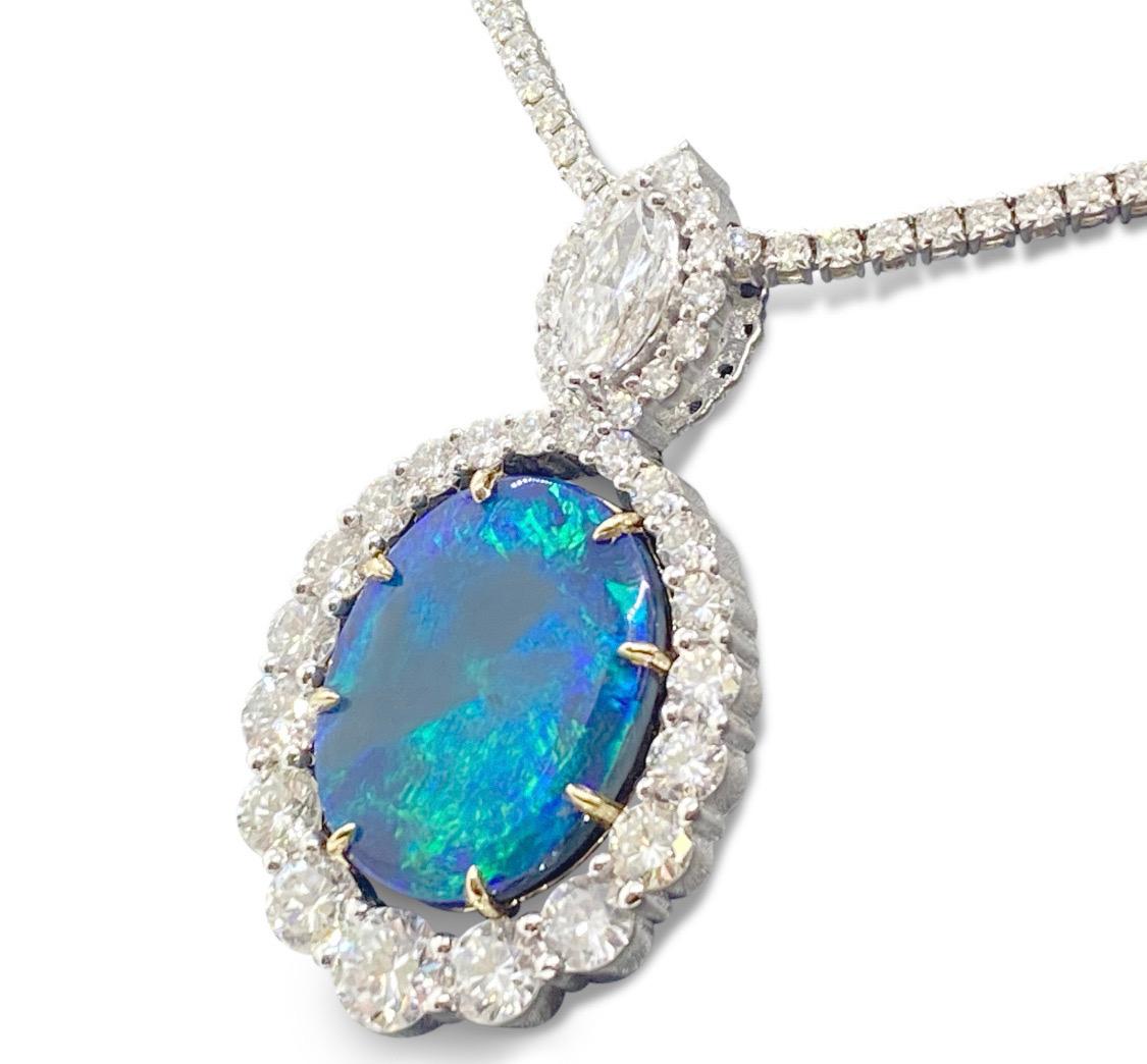 Modern 18K Two Tone Gold Halo Diamond GIA Certified 11 Carat Black Opal Necklace For Sale