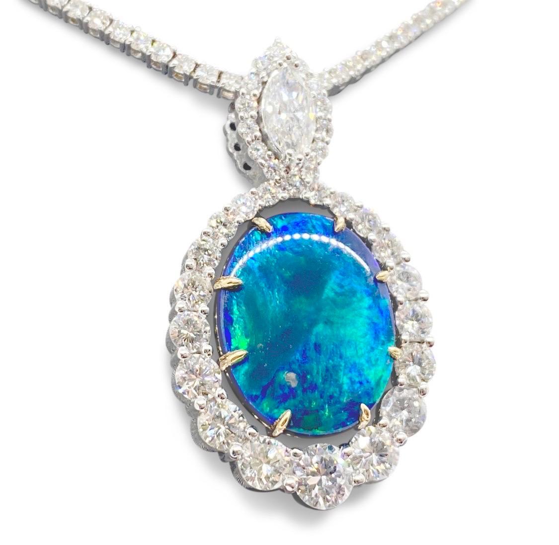 Oval Cut 18K Two Tone Gold Halo Diamond GIA Certified 11 Carat Black Opal Necklace For Sale