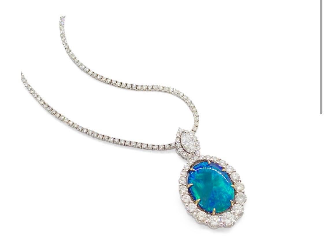 18K Two Tone Gold Halo Diamond GIA Certified 11 Carat Black Opal Necklace In New Condition For Sale In Los Angeles, CA