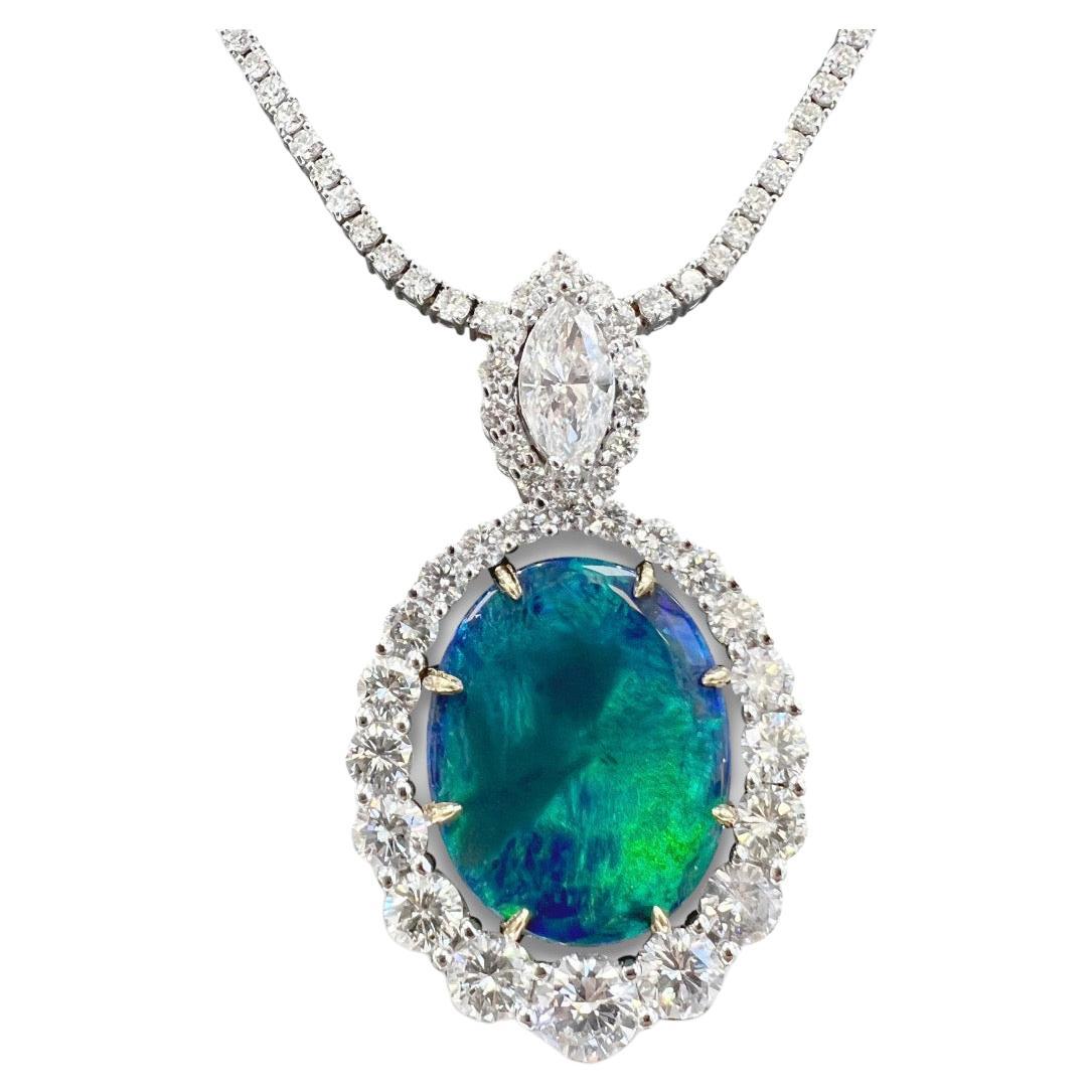 18K Two Tone Gold Halo Diamond GIA Certified 11 Carat Black Opal Necklace For Sale