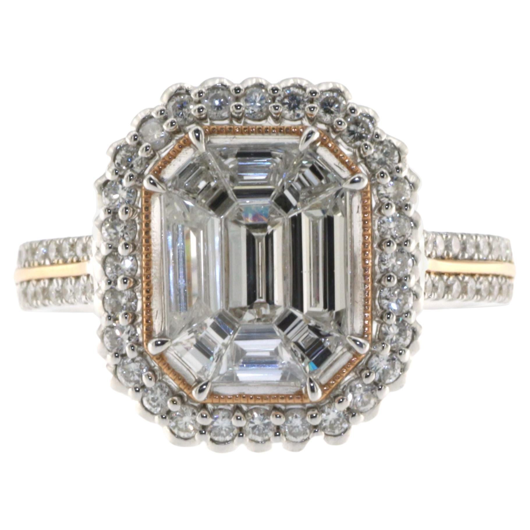 18K Two-Tone Gold Illusion-Set Diamond Ring with Halo – 1.44 Carats For Sale