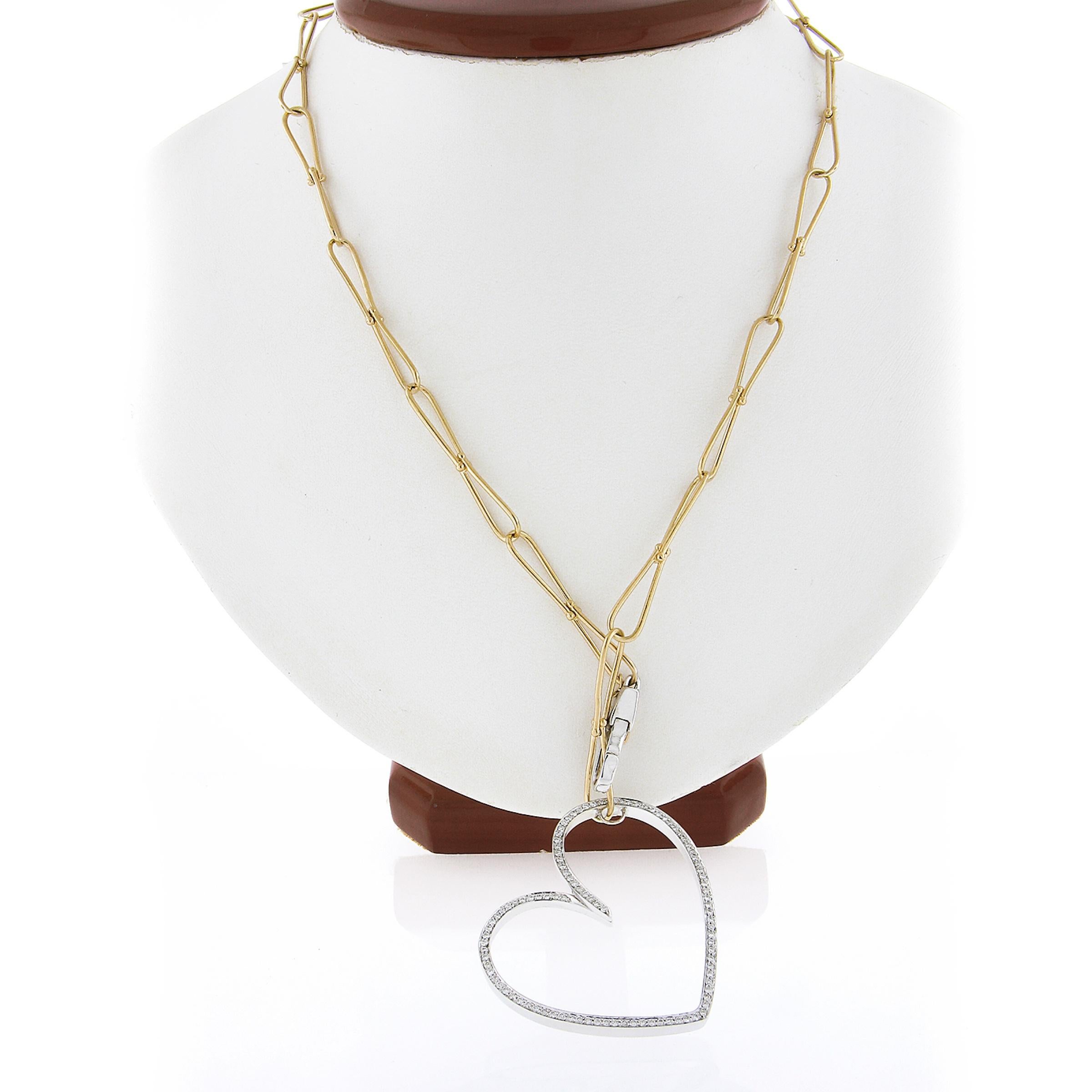 Round Cut 18k Two Tone Gold Infinity Link Chain & Large Open Diamond Heart Lariat Necklace