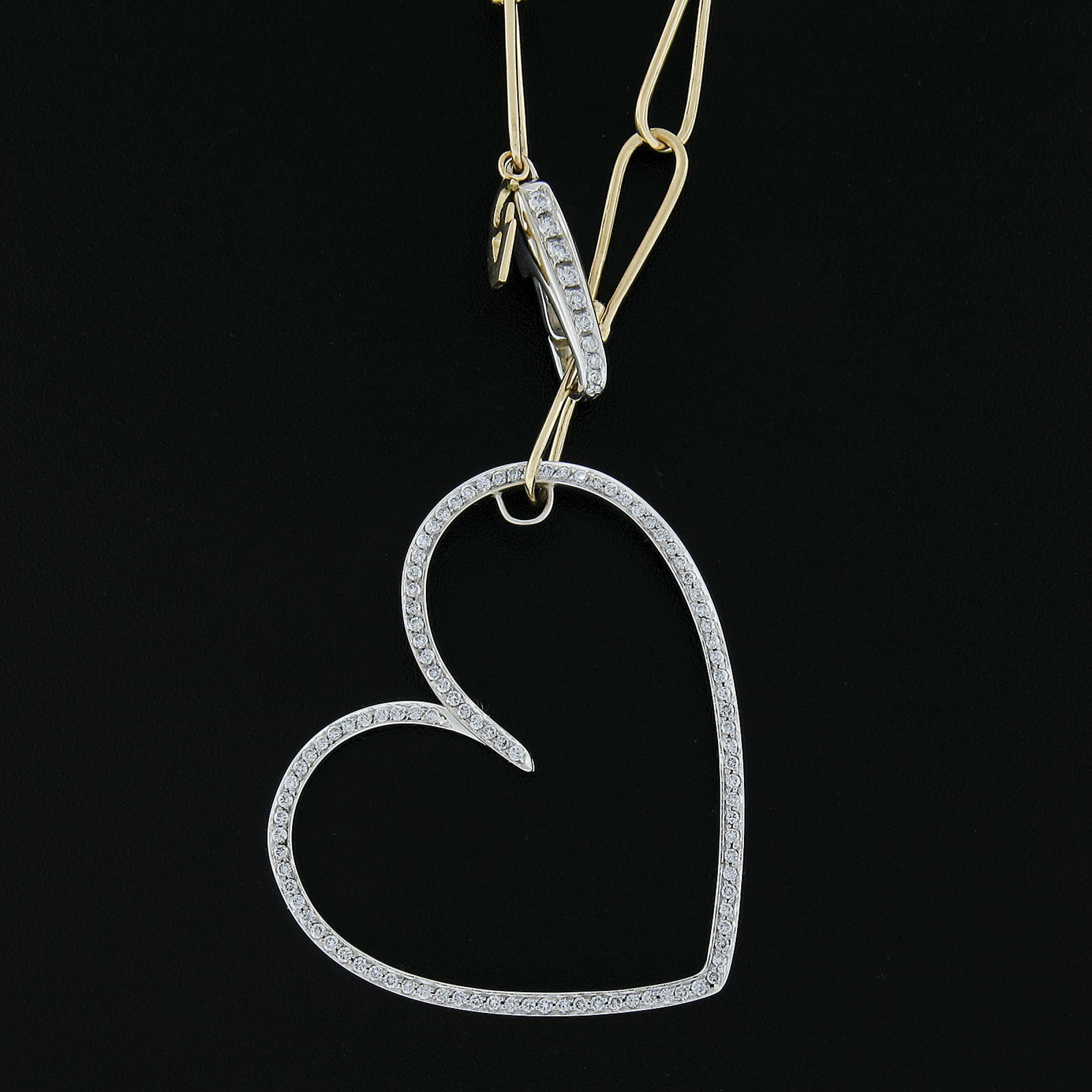 18k Two Tone Gold Infinity Link Chain & Large Open Diamond Heart Lariat Necklace In Excellent Condition In Montclair, NJ