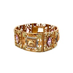 18K Two-Tone Gold Link Bracelet with 0.91 Ct Rose Diamonds and Multi-Gemstones