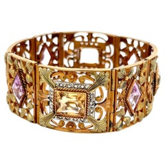 18K Two-Tone Gold Link Bracelet with 0.91 Ct Rose Diamonds and Multi-Gemstones