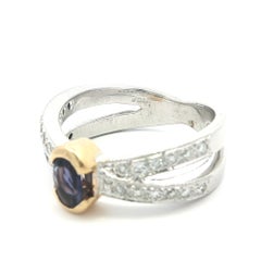 18k Two Tone Gold Natural Bluish Violet Stone w/ Diamond X Split Shank Ring