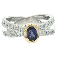 18k Two Tone Gold Natural Bluish Violet Stone w/ Diamond X Split Shank Ring