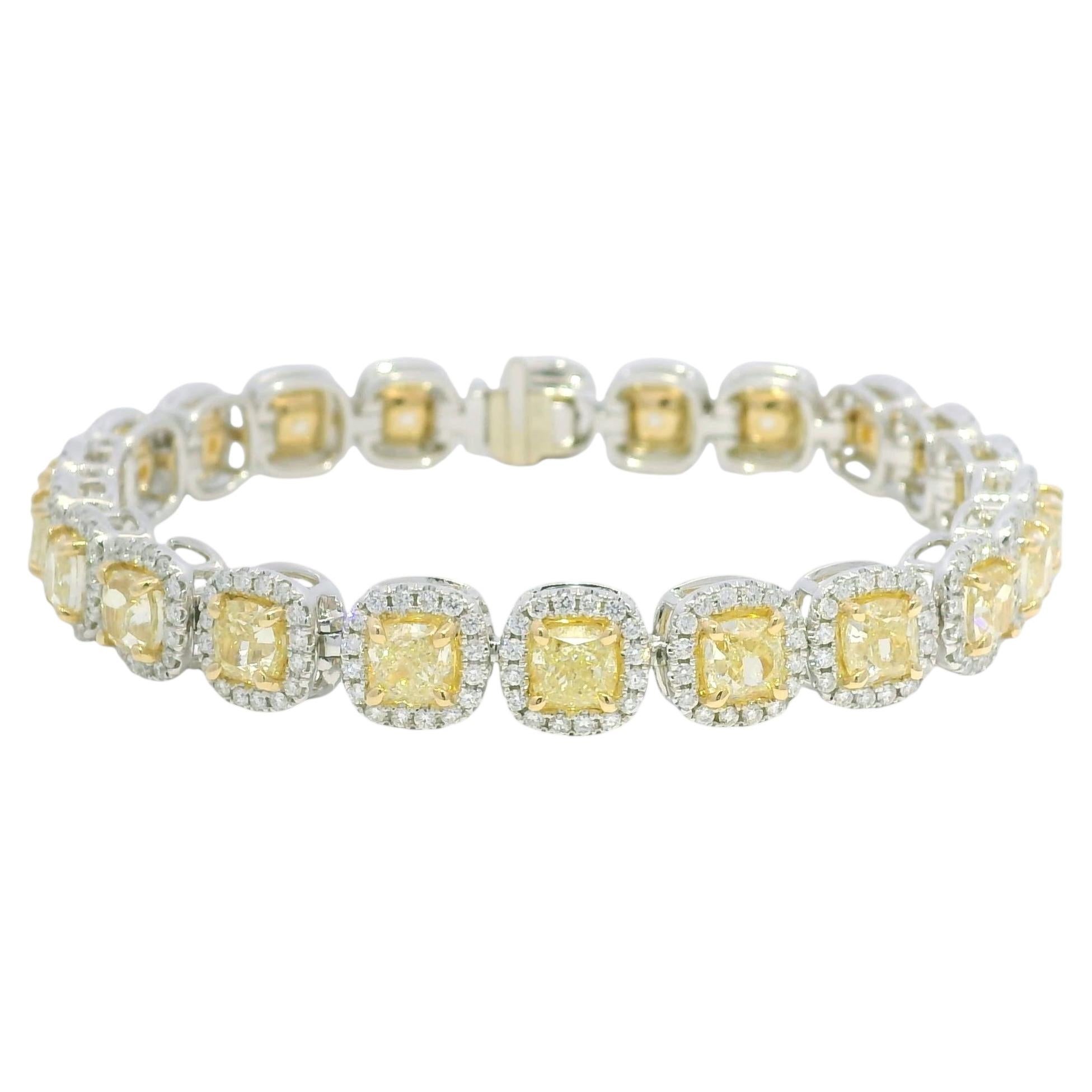 18k Two Tone Gold Natural Cushion Cut Yellow & White Diamond Station Bracelet