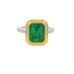 18K Two-Tone Gold Natural Emerald & Diamond Bezel Set Ring In Stock