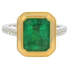 18K Two-Tone Gold Natural Emerald & Diamond Bezel Set Ring In Stock