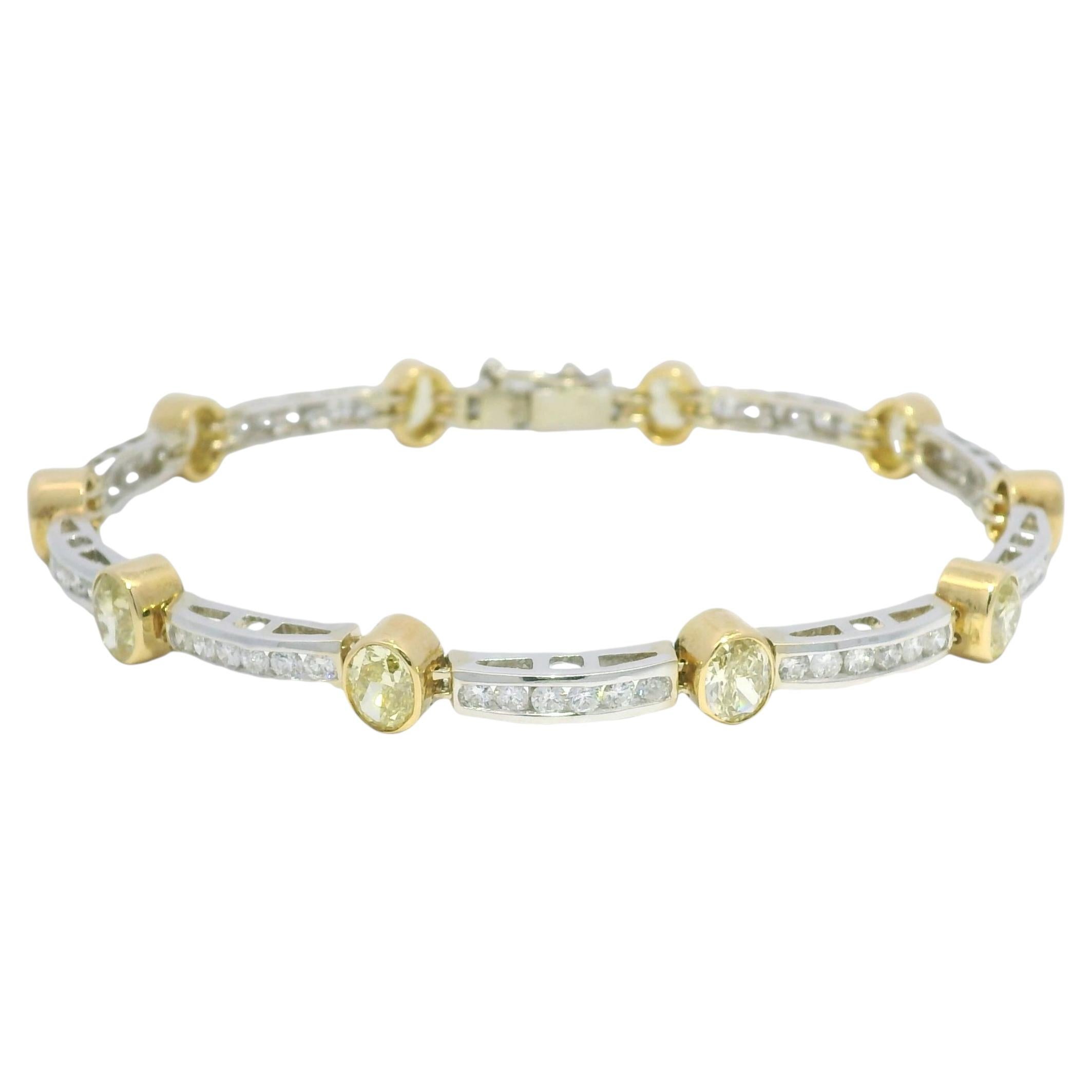 18k Two Tone Gold Natural Oval Shape Fancy Yellow Diamond Bar Bracelet In Stock