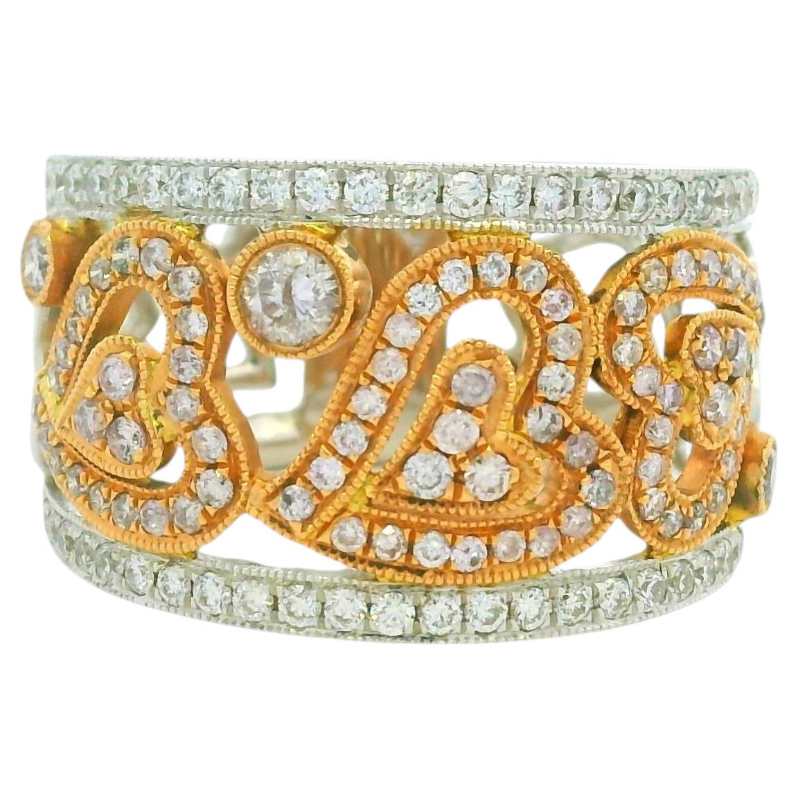 18K Two-Tone Gold Natural Pink & White Round Brilliant Diamond Open Heart Ring For Sale