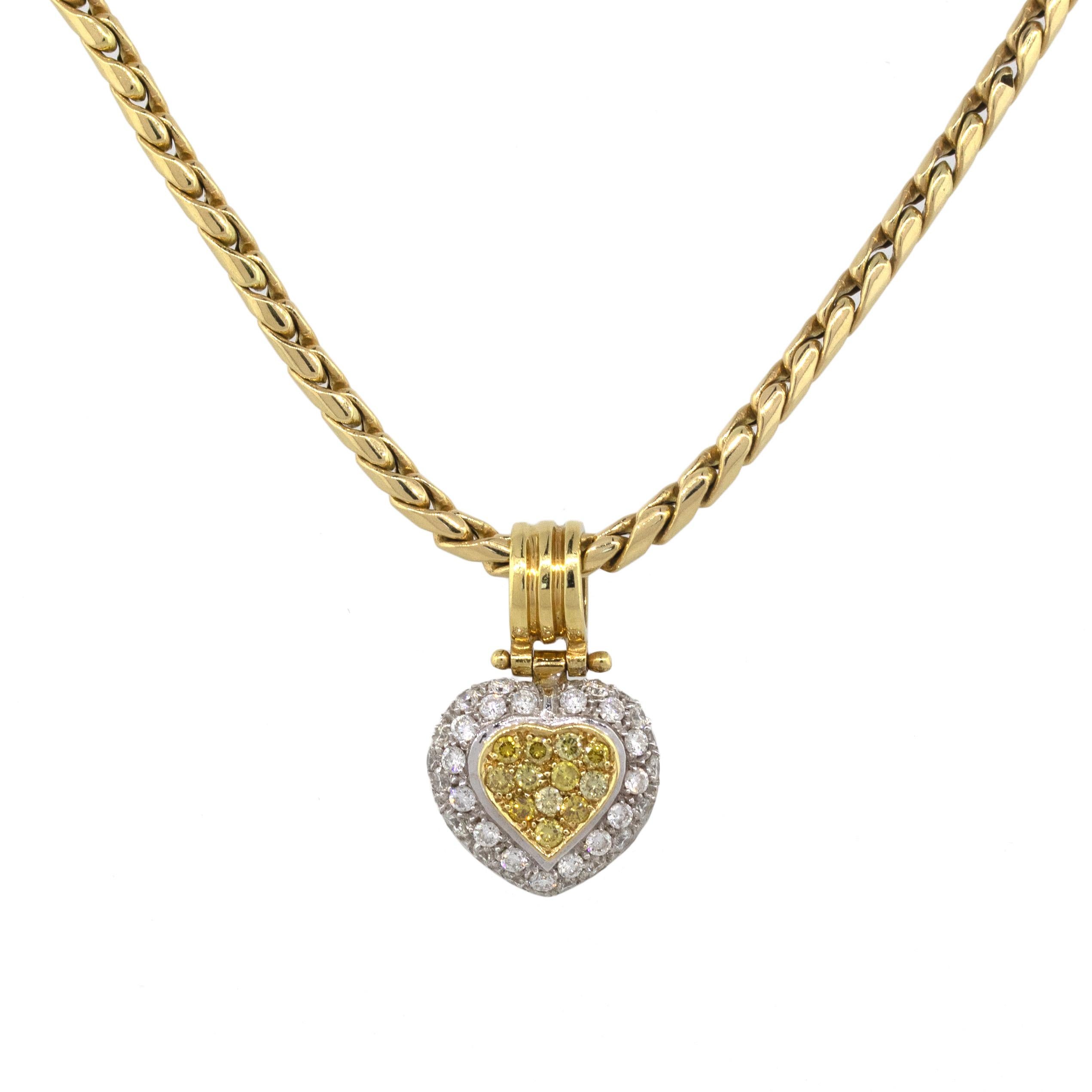 18 Karat Two-Tone Gold Pave 1 Carat Diamond Heart on Yellow Gold Chain In Excellent Condition In Boca Raton, FL