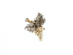 18K Two Tone Gold Pin Brooch 5 Carat Old Miner I SI Diamonds 3.4-4.1 MM Pearls