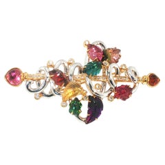 18K Two Tone Gold Pin Brooch with 0.9ct Round G VS Diamonds Quartz & Tourmaline