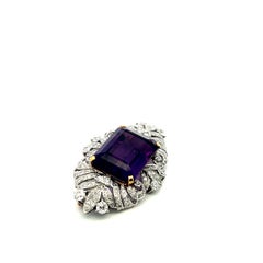 18K Two Tone Gold/Plat Pin Brooch with 5 Ct Round Diamonds & 32.29 Ct Amethyst