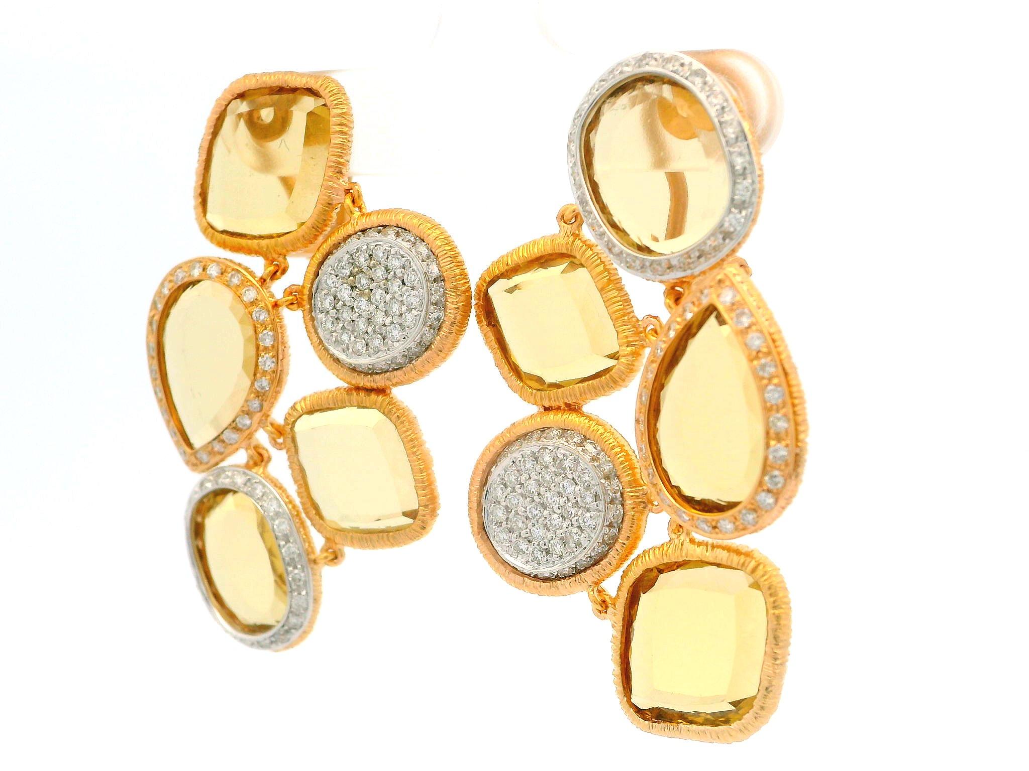 18 Karat zweifarbiges Gold Portrait Citrin & Diamant Texturierte Flexible Ohrhänger (Porträtschliff) im Angebot