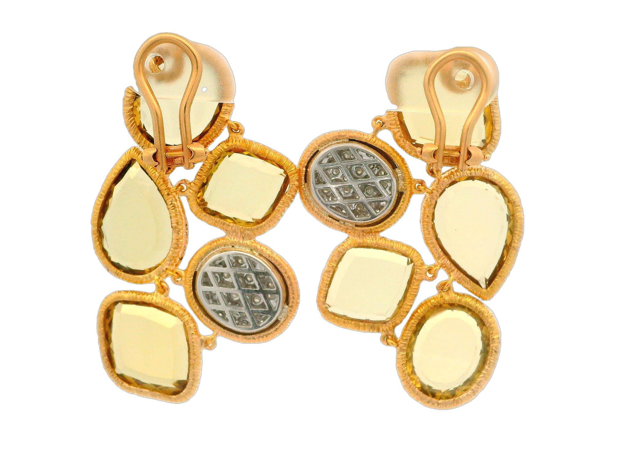 18 Karat zweifarbiges Gold Portrait Citrin & Diamant Texturierte Flexible Ohrhänger Damen im Angebot